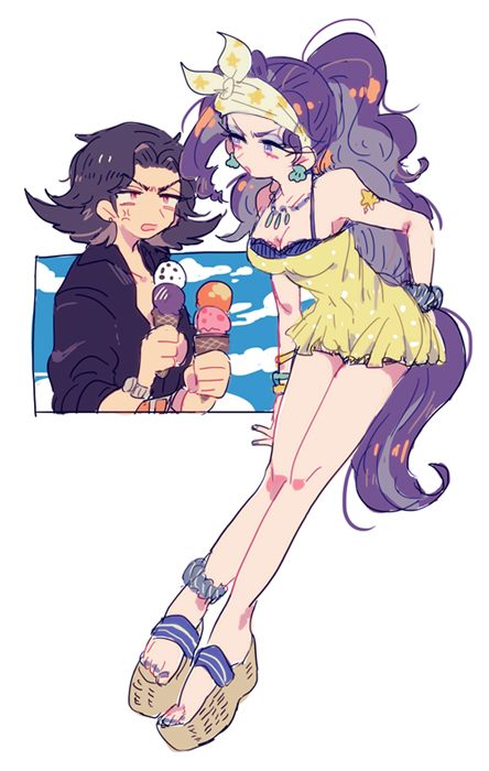 1boy, 1girl, alternate_costume, anger_vein, bandana, black_hair, dancer, dress, food, ice_cream, jojo_no_kimyou_na_bouken, long_hair, midler, platform_footwear, ponytail, purple_hair, sandals, shiodaifuku, steely_dan, sundress