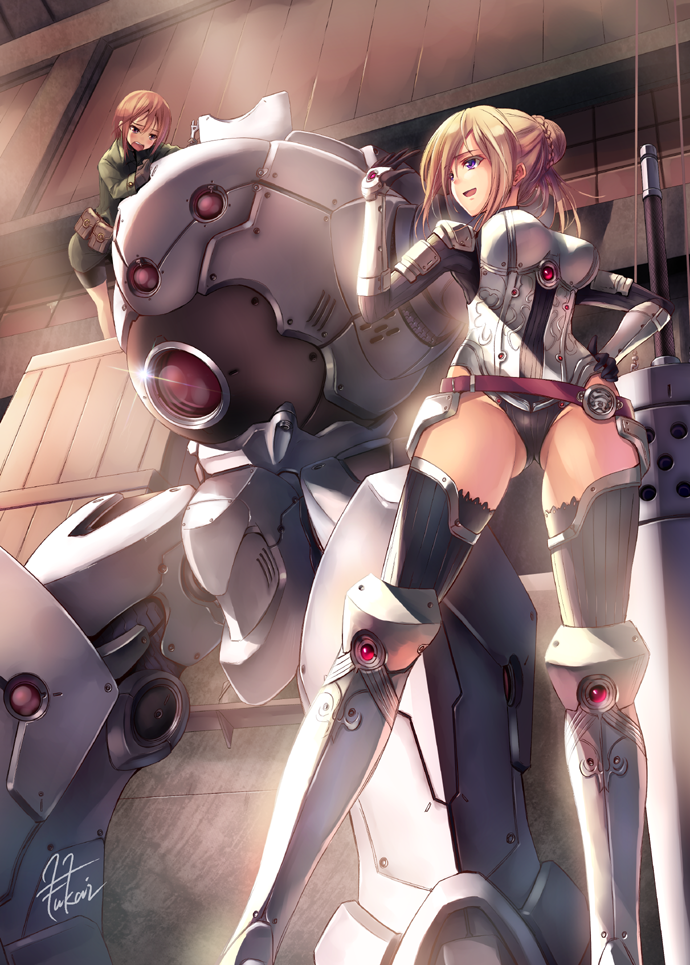 2girls, armor, blonde_hair, breasts, female, fukai_ryousuke, mecha, multiple_girls