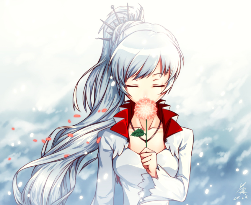 1girl, closed_eyes, dress, long_hair, monty_oum, ponytail, rwby, solo