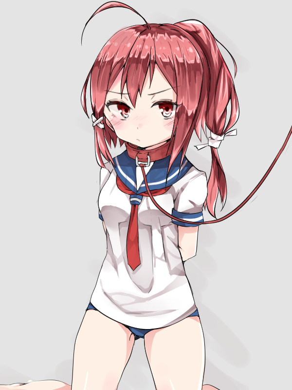 1girl, arms_behind_back, blush, collar, i-168_(kantai_collection), kantai_collection, leash, ponytail
