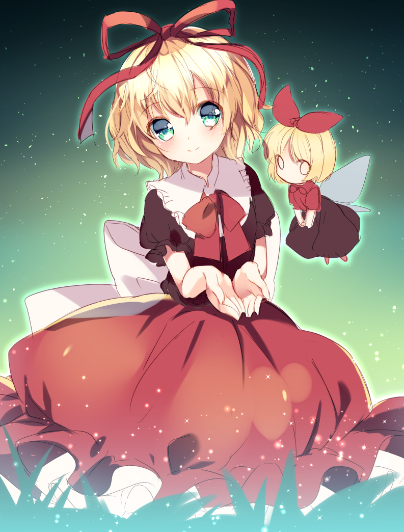 1girl, aqua_eyes, blonde_hair, bow, bubble_skirt, fairy_wings, flying, hair_ribbon