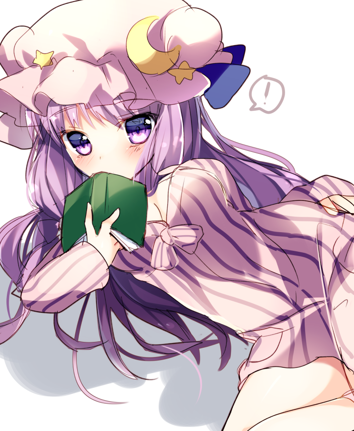 !, 1girl, blush, book, breasts, covering_mouth, crescent_hair_ornament, dress