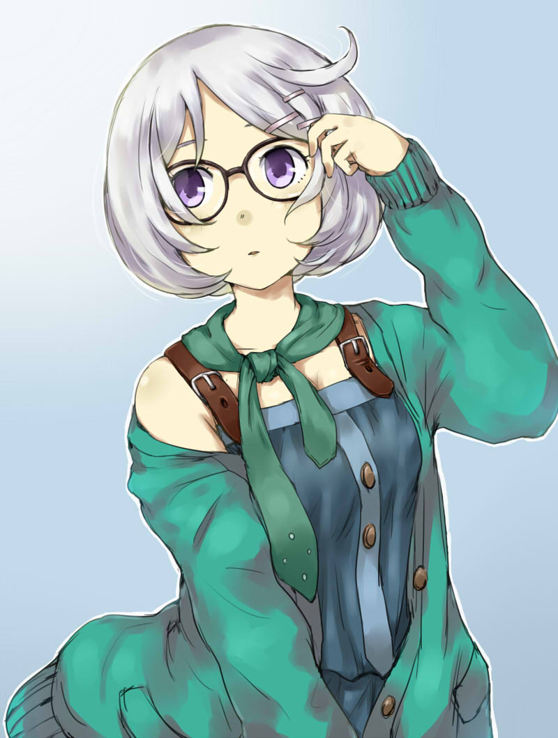 1girl, adjusting_hair, bare_shoulders, blue_background, bob_cut, gedou_(ge_ge_gedou), glasses, gradient, gradient_background, hair_ornament, hairclip, necktie, off_shoulder, okitegami_kyouko, okitegami_kyouko_no_bibouroku, parted_lips, short_hair, silver_hair, solo, violet_eyes