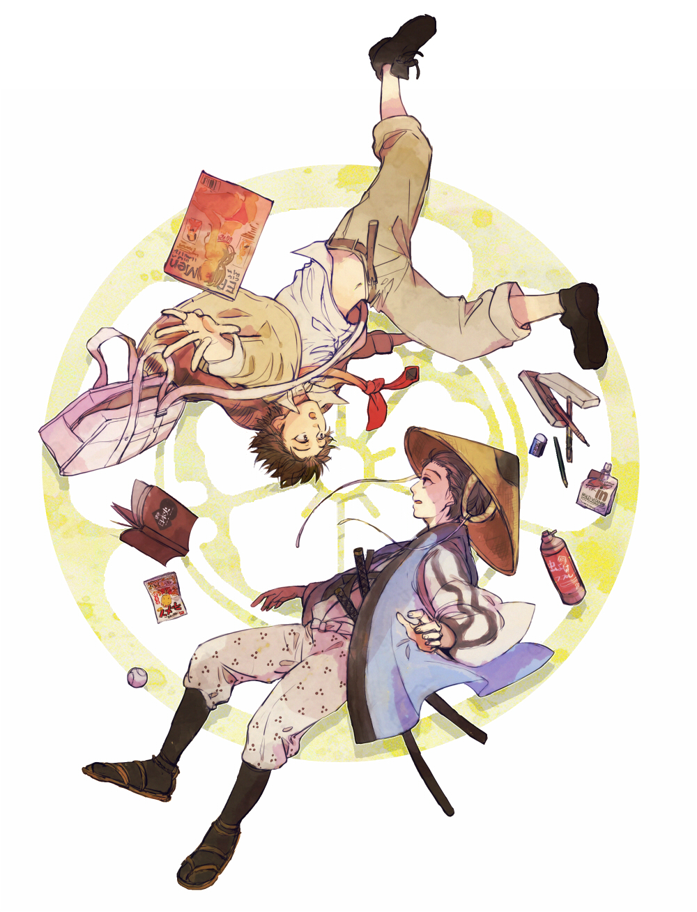 2boys, akechi_mitsuhide_(nobunaga_concerto), baseball, book, brown_hair, eraser, hat, highres