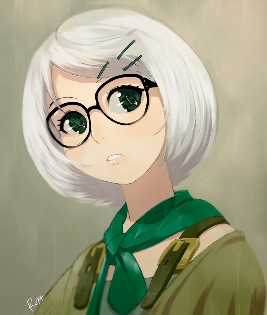 1girl, artist_name, bob_cut, glasses, green_eyes, grey_background, hair_ornament, hairclip