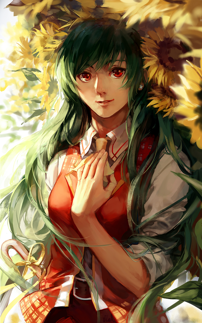 1girl, ascot, belt, earrings, fancybetty, flower, green_hair, hand_on_own_chest