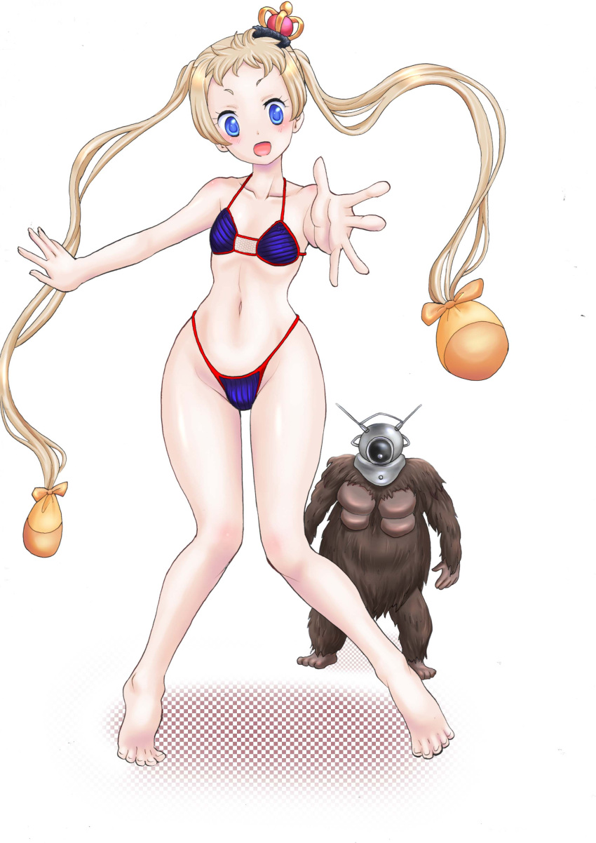 1girl, absurdres, alien, barefoot, bikini, blonde_hair, blue_eyes, chuunibyou_demo_koi_ga_shitai!, crown, dekomori_sanae, foreshortening, helmet, highres, long_hair, monster, ro-man_extension_xj-2, robot_monster, swimsuit, twintails, yamanoi_gyakutarou
