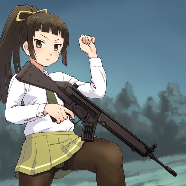 1girl, assault_rifle, black_legwear, brown_eyes, brown_hair, gun, hk33e_(upotte!!), long_hair, meow_(nekodenki), necktie, pantyhose, ponytail, school_uniform, solo, upotte!!, weapon
