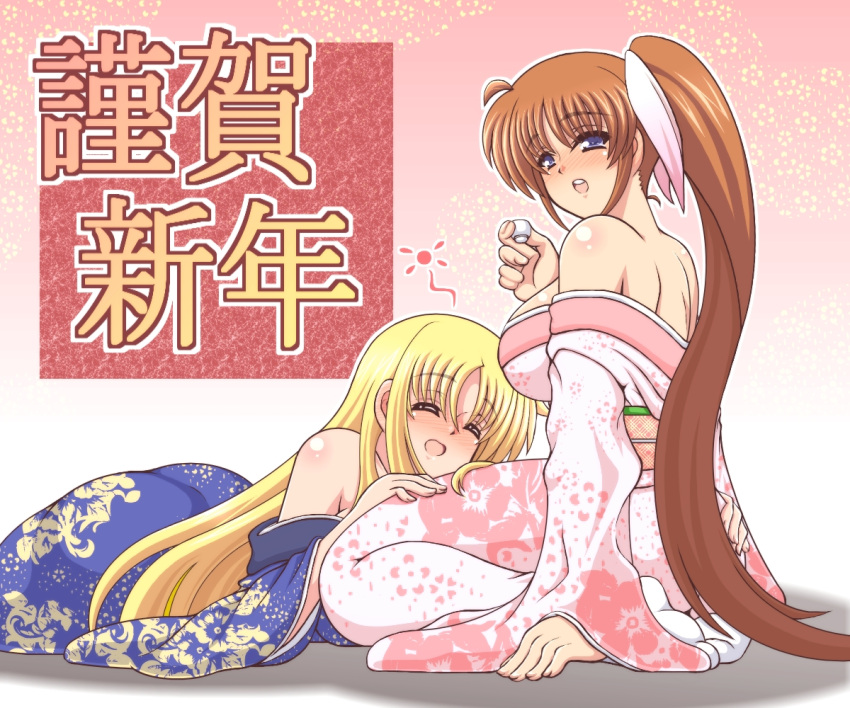 2girls, blonde_hair, blue_eyes, brown_hair, drunk, fate_testarossa, japanese_clothes, kano-0724
