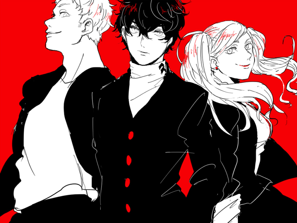 1girl, 2boys, anzu_komaki, kurusu_akira, looking_at_viewer, monochrome, multiple_boys, persona