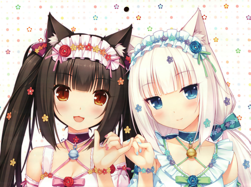 2girls, absurdres, animal_ears, bell, bell_collar, blue_eyes, brown_hair, cat_ears