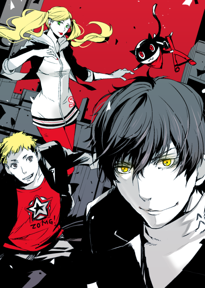 1girl, 2boys, anzu_komaki, blonde_hair, green_eyes, hoodie, kadowaki_subaru, kurusu_akira