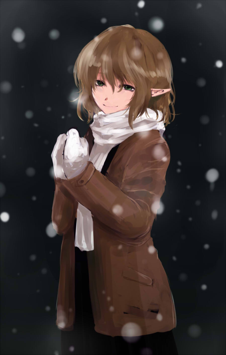 1girl, alternate_costume, blonde_hair, green_eyes, highres, jacket, long_sleeves, mittens