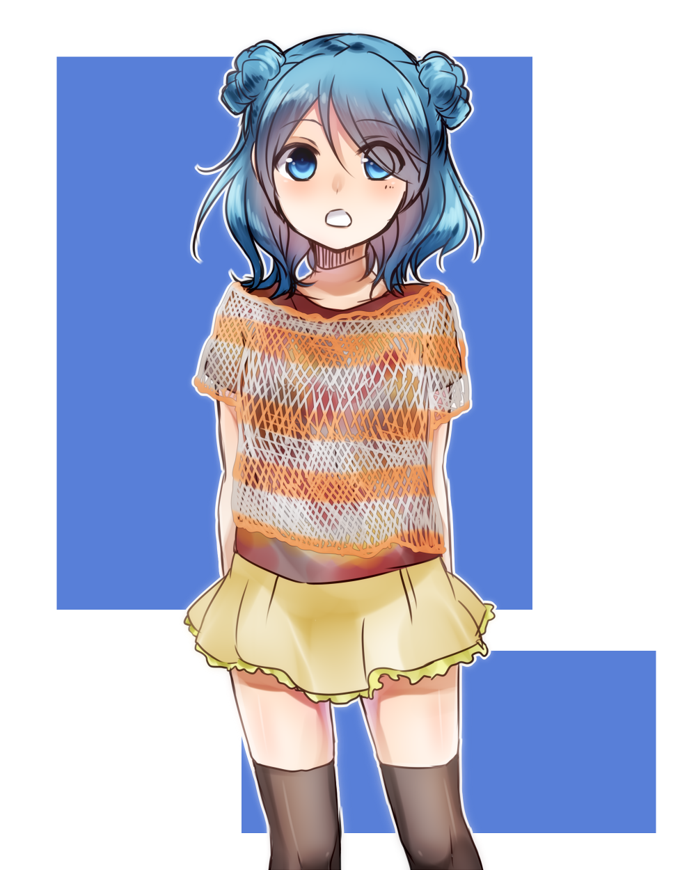1girl, :o, alternate_costume, arms_behind_back, black_legwear, blue_eyes, blue_hair, blush