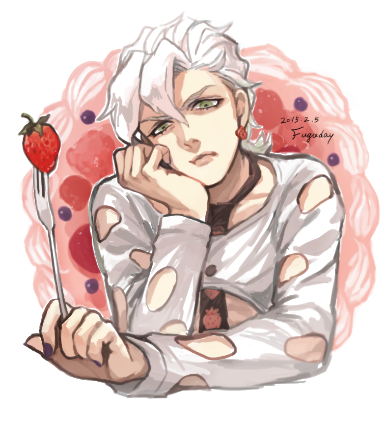 1boy, food, formal, fruit, green_eyes, jojo_no_kimyou_na_bouken, lips, nagura