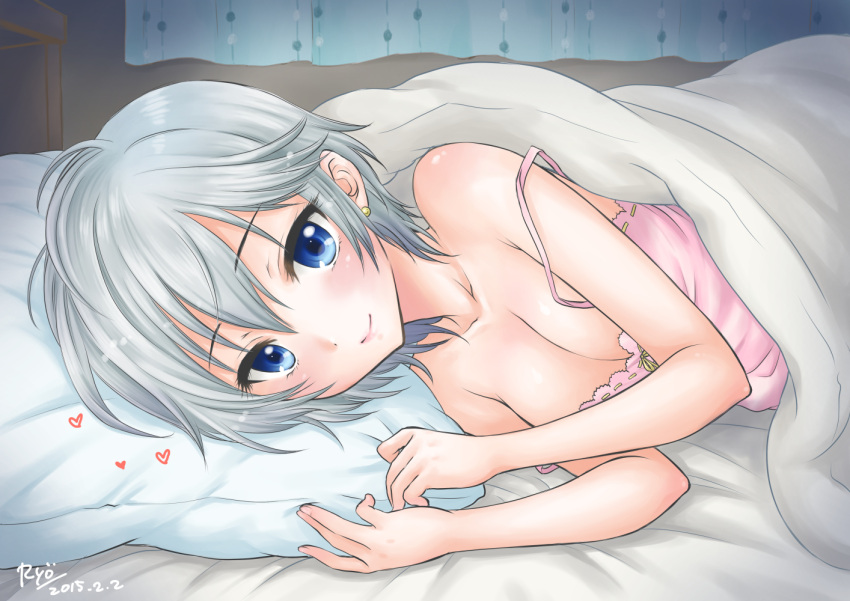 1girl, anastasia_(idolmaster), babydoll, bare_shoulders, bed, blue_eyes, blush, breasts, cleavage, earrings, idolmaster, idolmaster_cinderella_girls, jewelry, looking_at_viewer, lying, on_side, ozaki_mirai, pillow, short_hair, silver_hair, smile, solo