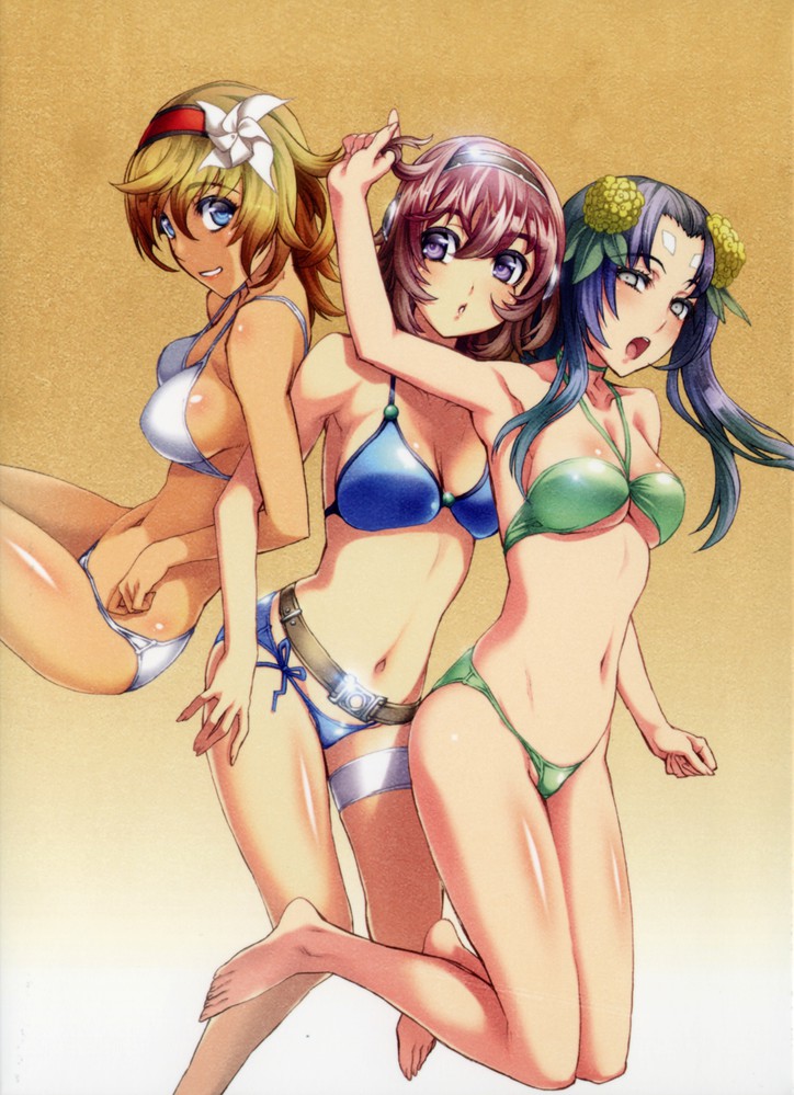 3girls, belt, bikini, blonde_hair, blue_eyes, blue_hair, flower, hair_flower