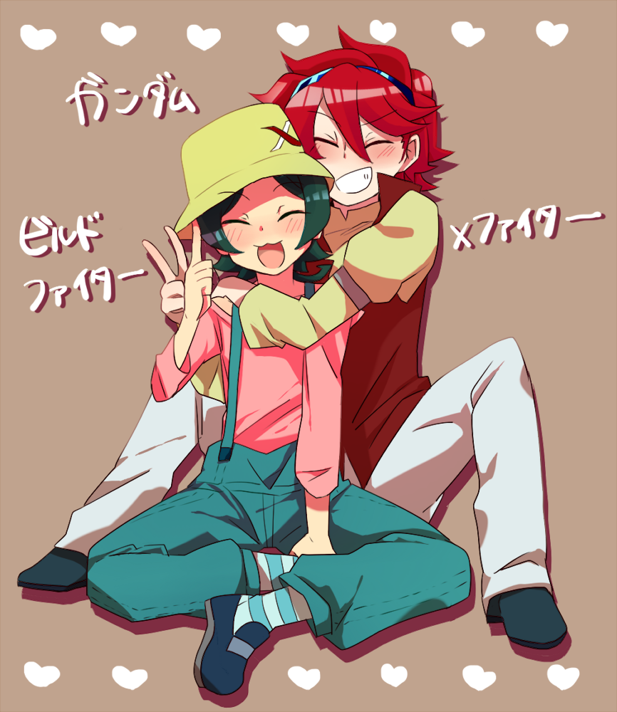 2boys, :3, blush, closed_eyes, green_hair, gundam, gundam_build_fighters, hat