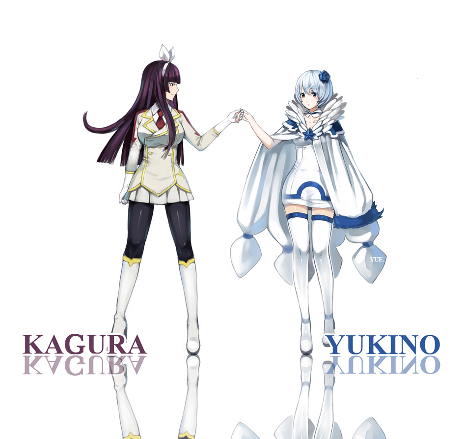 2girls, breasts, character_name, coat, fairy_tail, flower, gloves, hair_flower