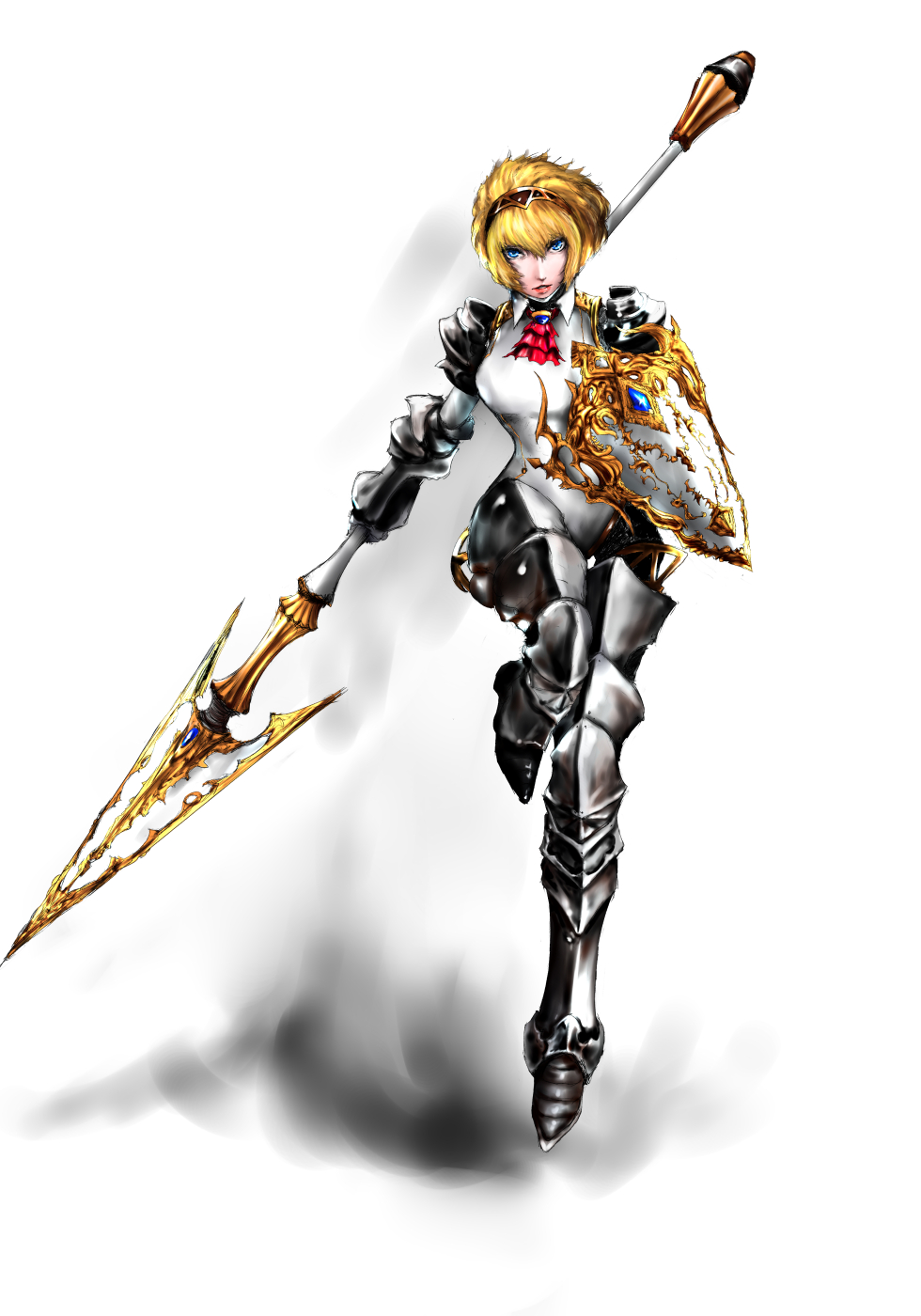 1girl, aegis, aegis_(persona), android, blonde_hair, blue_eyes, bow, final_fantasy