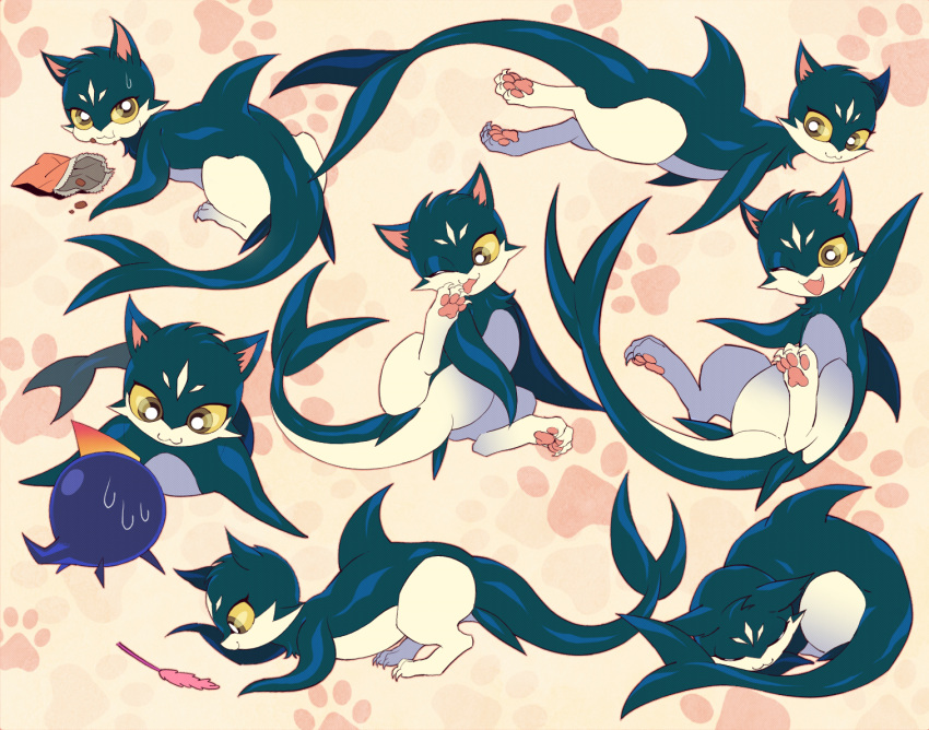 :3, ;d, ;p, brown_eyes, car, cat_shark, duel_monster, eating, fish, fish_tail, hybrid, licking, licking_paw, motor_vehicle, no_humans, one_eye_closed, open_mouth, paw_print, paws, playing, rainbow_kuriboh, shark, shark_fin, sleeping, smile, sweatdrop, tongue, tongue_out, vehicle, yellow_sclera, yuu-gi-ou, yuu-gi-ou_zexal