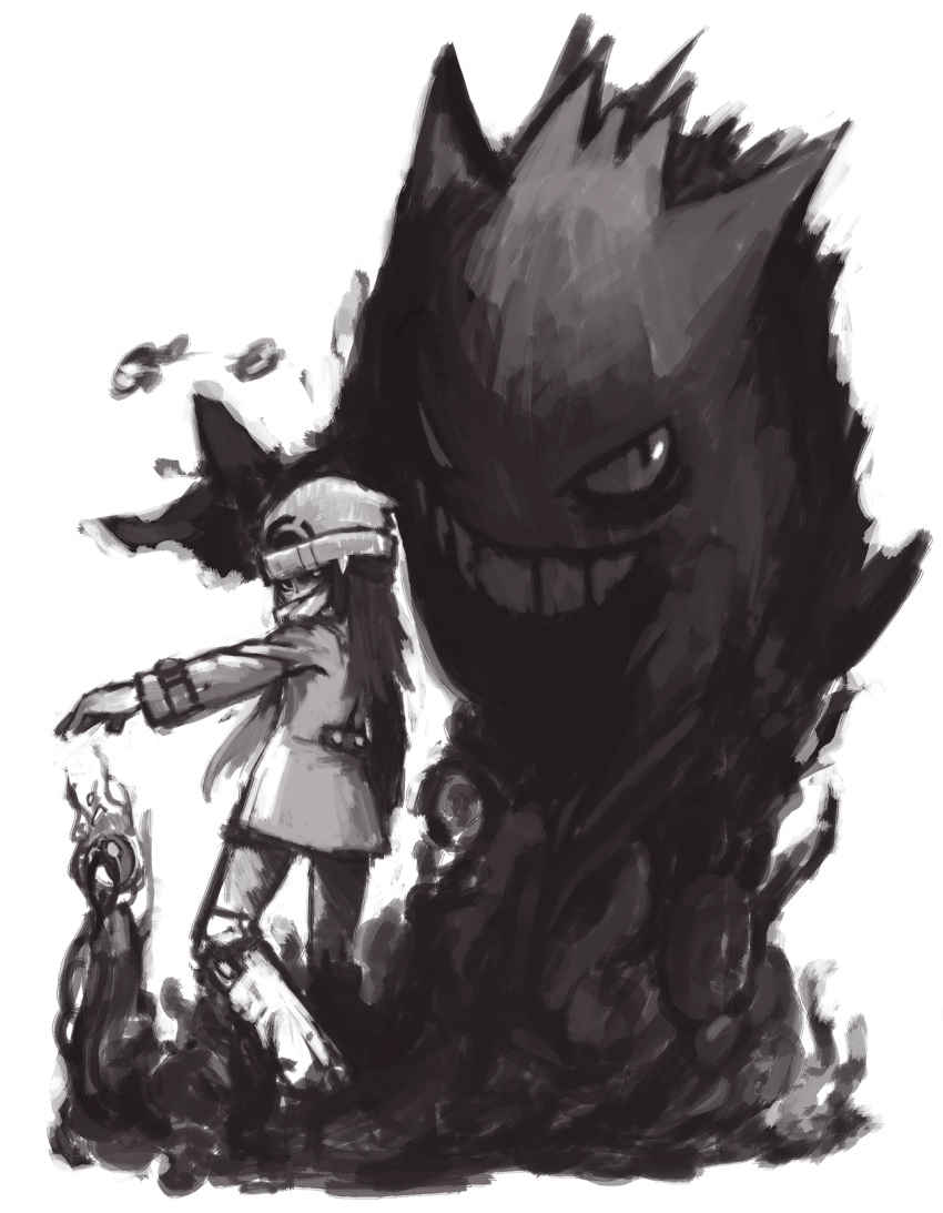 epic, gengar, gianoa, hikari_(pokemon), hikari_(pokemon)_(remake), monochrome, monster, pokemon