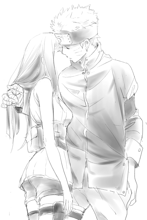 1boy, 1girl, bandaged_arm, closed_eyes, couple, facial_mark, forehead_protector, hetero, hyuuga_hinata, kiss, lenny-tree, long_hair, monochrome, naruto, naruto:_the_last, short_hair, uzumaki_naruto