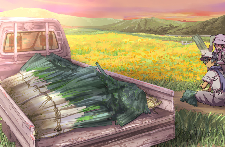 baseball_cap, blue_hair, farm, field, flower, hat, hatsune_miku, kaito, katagiri, long_hair, motor_vehicle, scarf, scenery, short_hair, smile, spring_onion, truck, twintails, vehicle, vocaloid