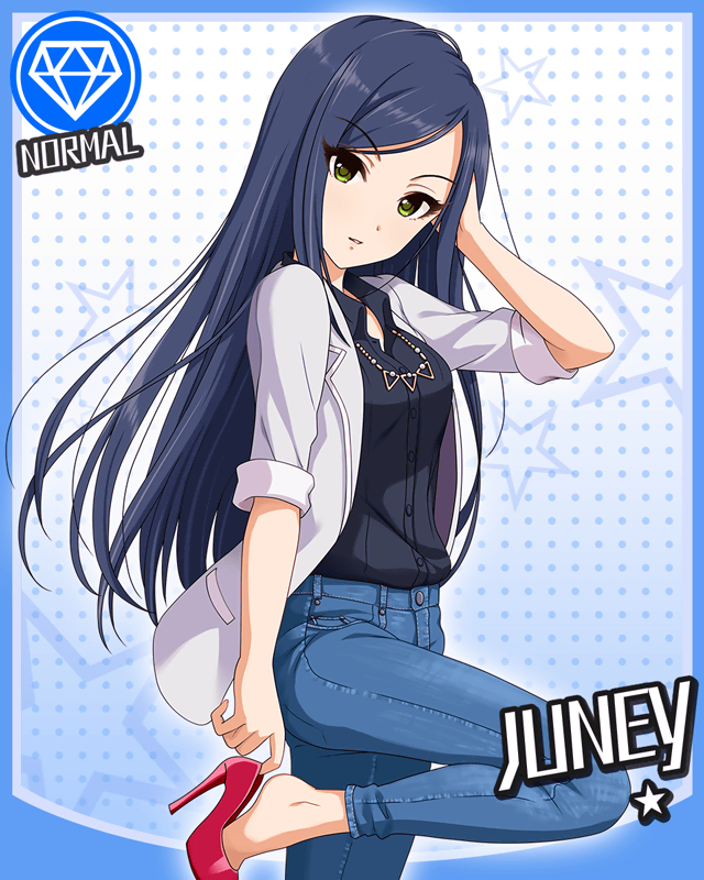 1girl, blue_hair, character_name, denim, diamond_(symbol), green_eyes, idolmaster, idolmaster_cinderella_girls, jeans, jewelry, juney, long_hair, looking_at_viewer, necklace, official_art, pants, pose