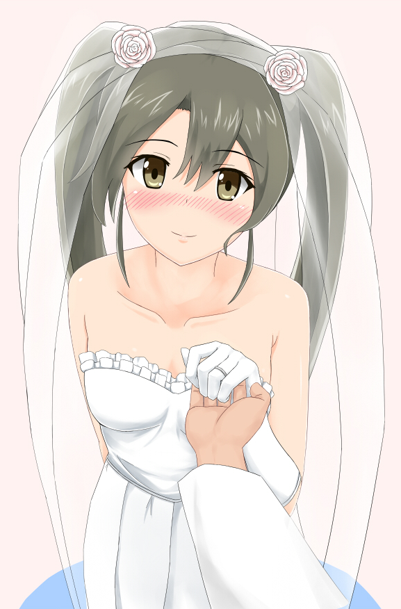 1girl, bare_shoulders, blush, bridal_veil, brown_eyes, dress, flower, gloves