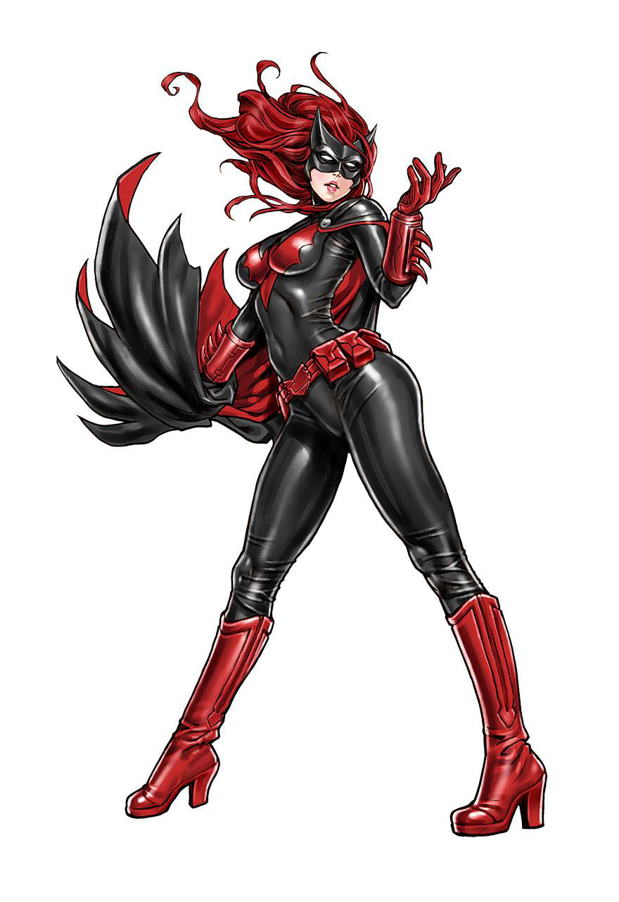 1girl, bat_print, batman_(series), batwoman, belt, belt_pouch, beltskirt, bodysuit, boots, breasts, cape, contrapposto, covered_navel, dc_comics, floating_hair, from_side, full_body, gloves, hand_up, head_tilt, high_heel_boots, high_heels, highres, hips, kate_kane, knee_boots, lipstick, long_hair, looking_at_viewer, makeup, mask, no_pupils, parted_lips, pouch, red_gloves, redhead, shiny, shiny_clothes, simple_background, skin_tight, solo, spikes, spread_legs, standing, superhero, thighs, utility_belt, vambraces, wavy_hair, white_background, white_eyes, yamashita_shun'ya