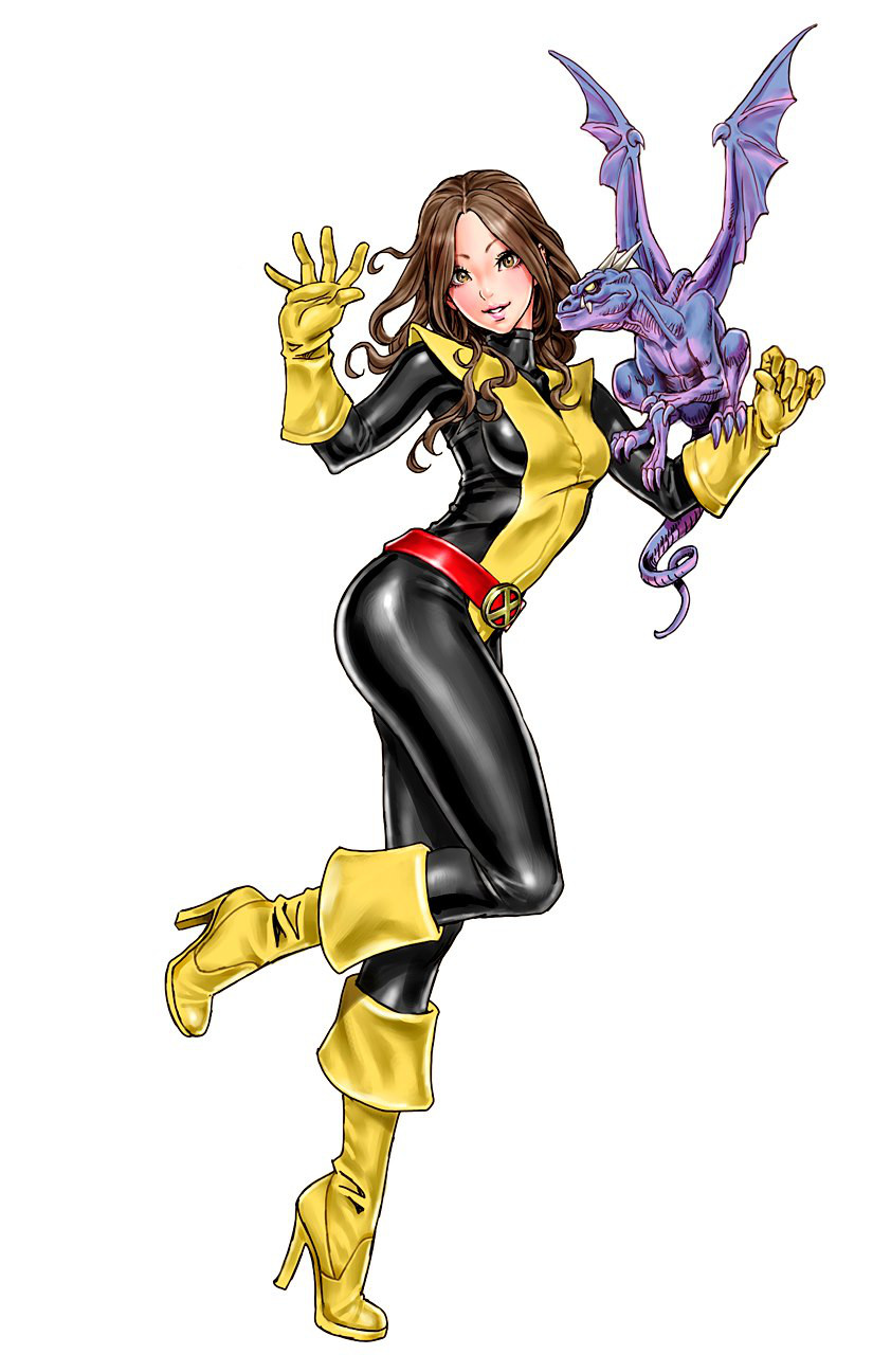 1girl, animal_on_shoulder, arched_back, bangs, belt, belt_buckle, beltskirt, blue_skin, blush, bodysuit, boots, brown_hair, claws, clenched_hand, dragon, elbow_gloves, fangs, from_side, full_body, gloves, grin, hand_up, head_tilt, high_heel_boots, high_heels, highres, holding, horns, kitty_pryde, knee_boots, leg_lift, lockheed, long_hair, looking_at_viewer, marvel, purple_skin, shiny, shiny_clothes, simple_background, size_difference, smile, standing_on_one_leg, superhero, tabard, tail, tiptoes, turtleneck, waving, wavy_hair, white_background, wings, x-men, yamashita_shun'ya, yellow_eyes