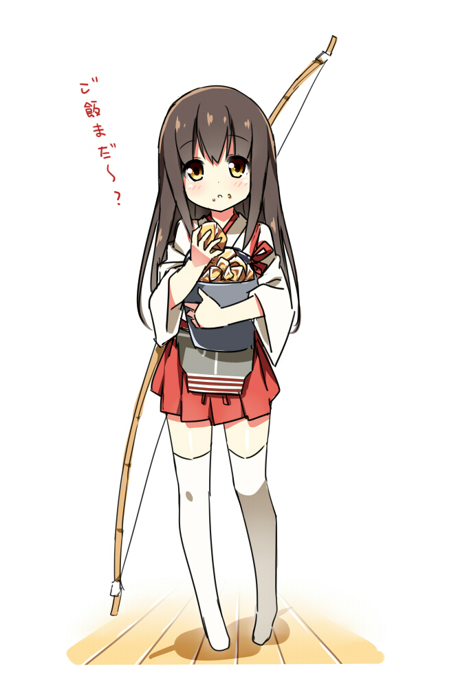 1girl, akagi_(kantai_collection), bauxite, blush, bow_(weapon), brown_eyes, brown_hair, bucket