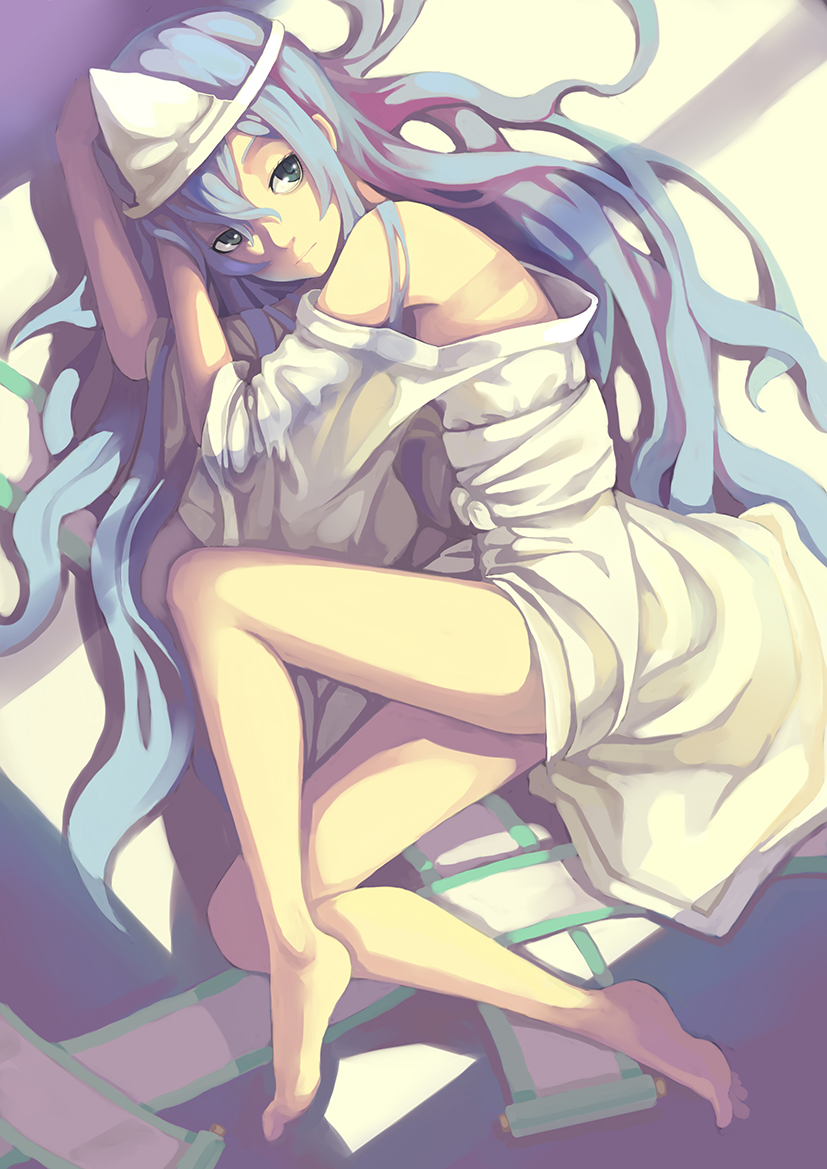 1girl, bare_legs, barefoot, blue_eyes, blue_hair, furuya_mero, long_hair, lying