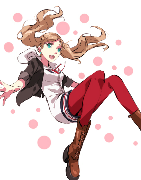 1girl, blonde_hair, earrings, green_eyes, hoodie, jewelry, pantyhose, persona