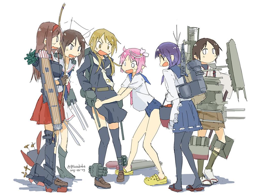 6+girls, aikawa_chiho, crocs, hasegawa_fumi, hinata_yukari, hyuuga_(kantai_collection)_(cosplay), i-58_(kantai_collection)_(cosplay), ichii_yui, kantai_collection, kusakabe_(kusakabeworks), maya_(kantai_collection)_(cosplay), multiple_girls, nonohara_yuzuko, okano_kei, satsuki_(kantai_collection)_(cosplay), shoukaku_(kantai_collection)_(cosplay), skirt, skirt_pull, taigei_(kantai_collection)_(cosplay), yuyushiki
