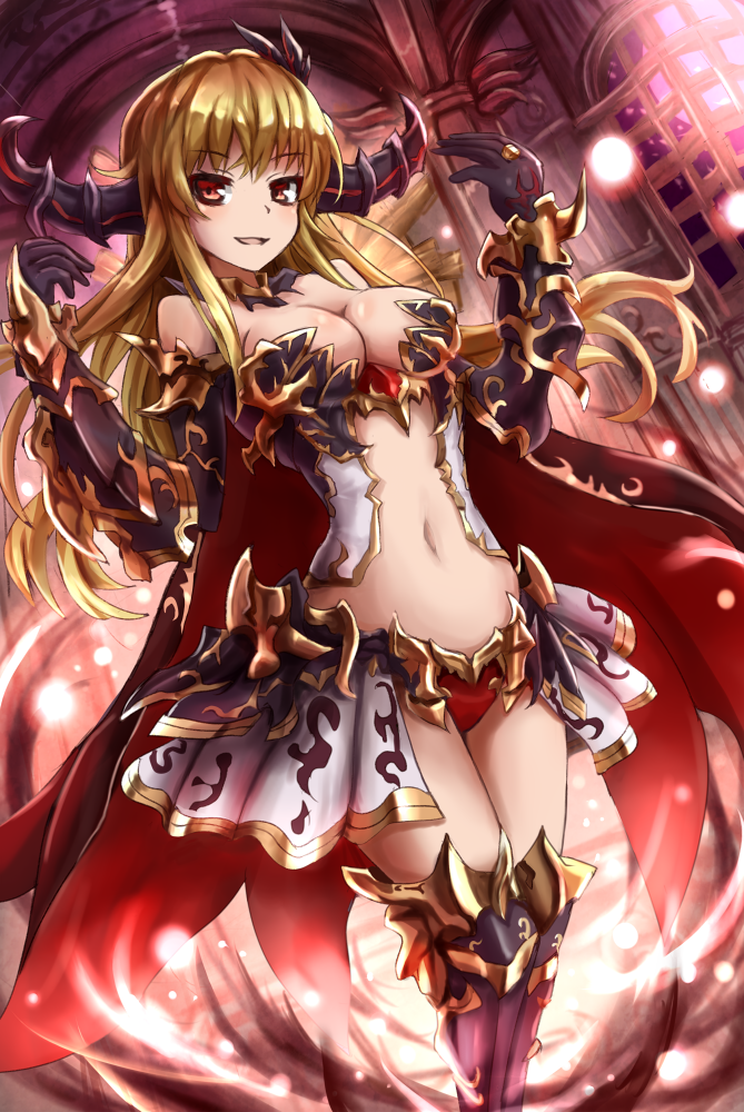 1girl, armor, bare_shoulders, bikini_armor, blonde_hair, boots, breasts, cape