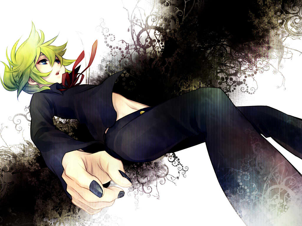 aqua_eyes, blonde_hair, ebira_(ruvie), eyeshadow, falling, kagamine_len, male, nail_polish