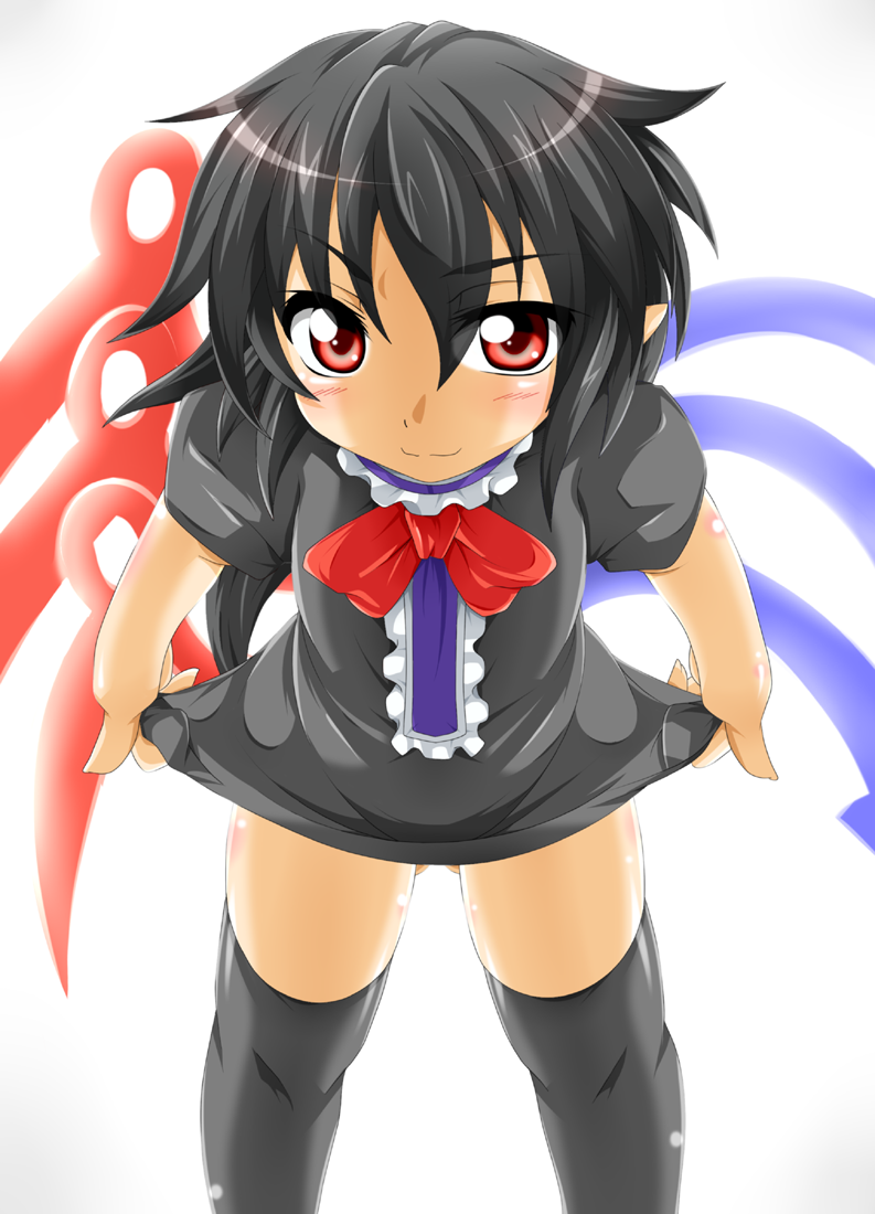 1girl, asymmetrical_wings, black_hair, black_legwear, blush, houjuu_nue, kokujuuji, pointy_ears