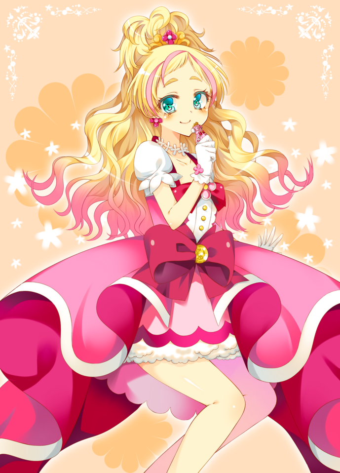 1girl, aqua_eyes, blonde_hair, blue_eyes, blush, bow, choker, closed_mouth, collarbone, cure_flora, earrings, flower, frilled_skirt, frills, gloves, go!_princess_precure, gradient_hair, hair_ornament, half_updo, haruno_haruka, jewelry, long_hair, magical_girl, multicolored_hair, pink_hair, pink_skirt, precure, puffy_short_sleeves, puffy_sleeves, shisui_suzuka, short_sleeves, skirt, smile, solo, sparkle, streaked_hair, two-tone_hair, wavy_hair