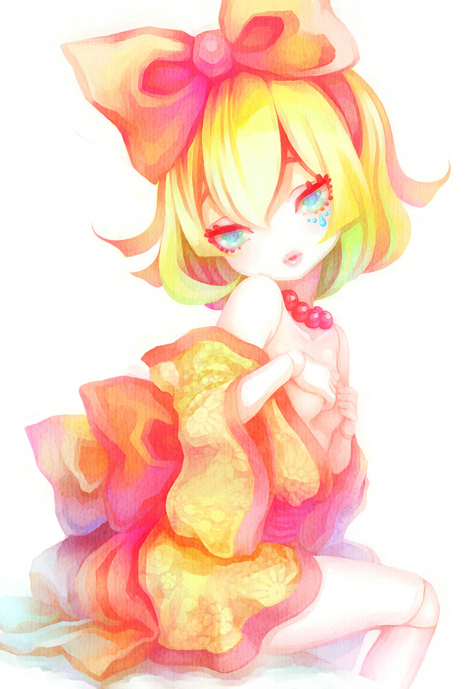 blonde_hair, blue_eyes, doll, doll_joints, ebira_(ruvie), hair_ribbon, japanese_clothes, kagamine_rin