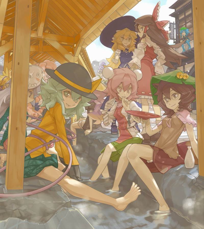6+girls, ajirogasa, animal_ears, architecture, bandages, barefoot, blonde_hair, blue_hair