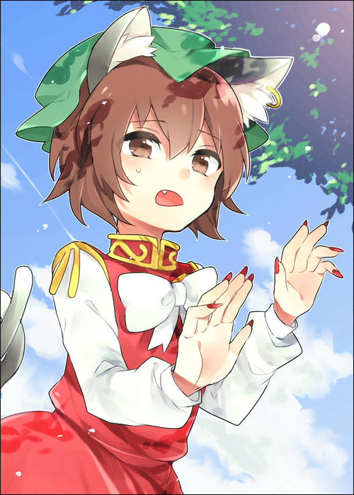 1girl, animal_ears, blue_sky, bow, brown_eyes, brown_hair, cat_ears, cat_tail