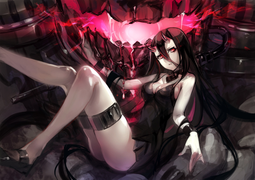 1girl, battleship-symbiotic_hime, black_dress, black_hair, breasts, cleavage, dakuro, dress