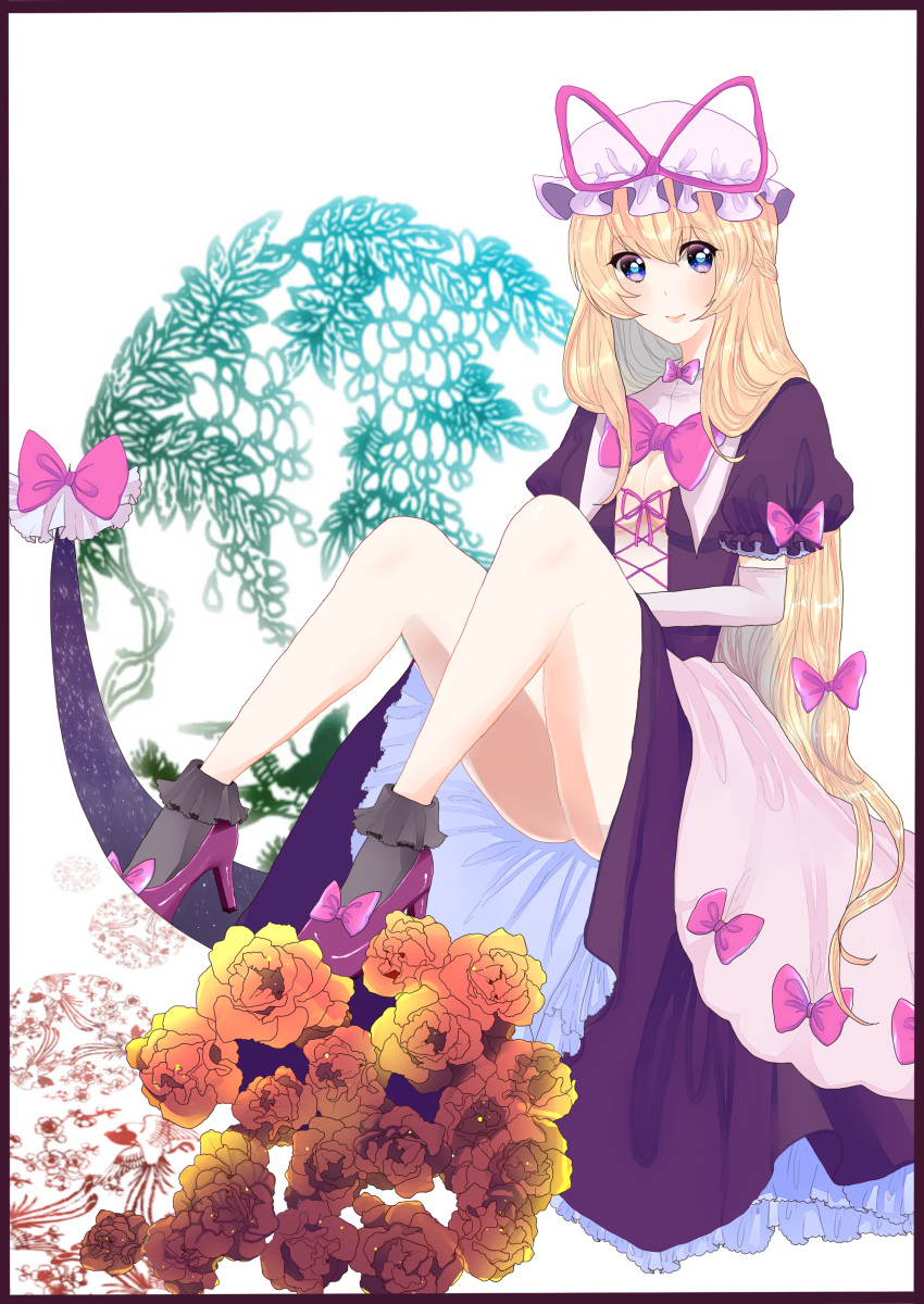 1girl, absurdres, adapted_costume, bangs, bird_print, black_eyes, black_legwear, blonde_hair