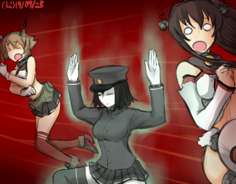 >_<, 3girls, :o, akitsu_maru_(kantai_collection), arms_up, aura, black_hair, brown_hair
