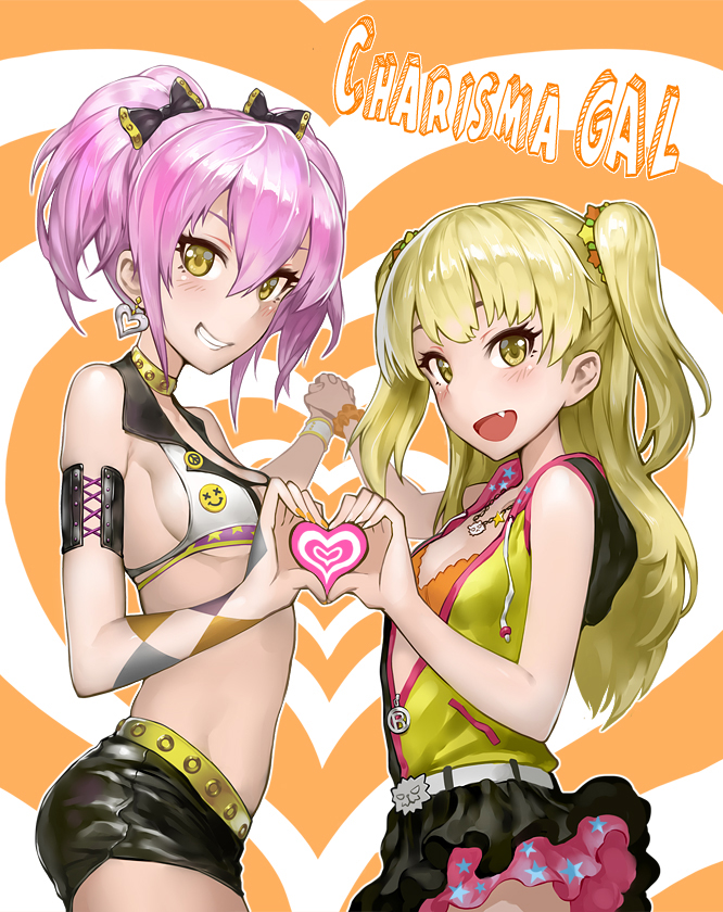 2girls, blonde_hair, blush, green_eyes, heart, heart_hands, heart_hands_duo, idolmaster