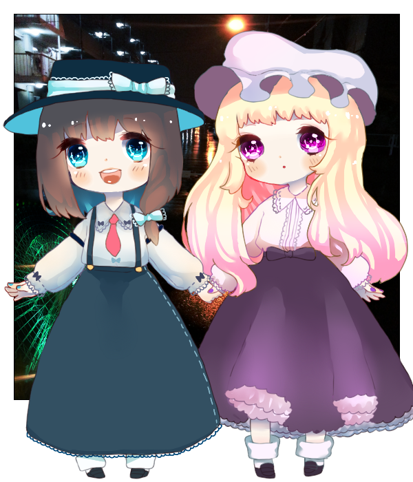 2girls, black_shoes, blonde_hair, blue_eyes, blue_nails, blue_skirt, blush, bow