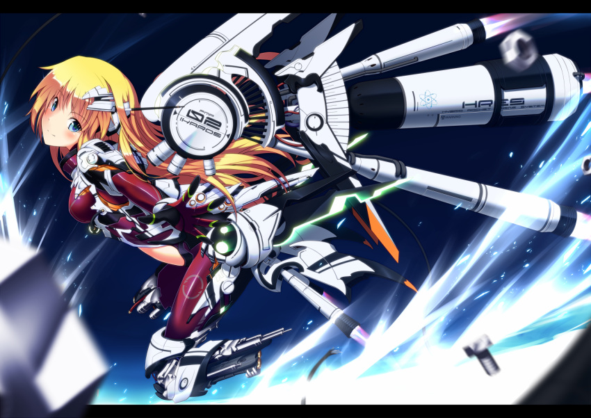 1girl, blonde_hair, blue_eyes, blurry, bodysuit, center_opening, depth_of_field, gloves, long_hair, looking_at_viewer, machinery, mecha, mecha_musume, original, revision, robotic_legs, skin_tight, smile, solo, ugume