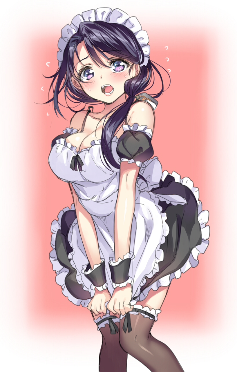 1girl, apron, bare_shoulders, black_legwear, blush, bow, breasts, cleavage
